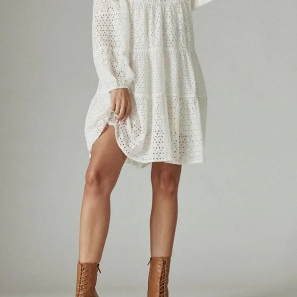 White Tiered Woven Peasant Long-Sleeve Dress - Picture 3 of 11
